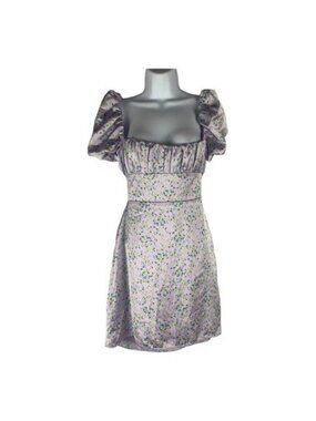 Zara Women’s Floral Puff Sleeve Empire Waist Mini Dress Size L Purple